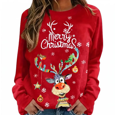 Kersttrui Dames - Sweater met Vrolijk Rendier en Feestelijke Print