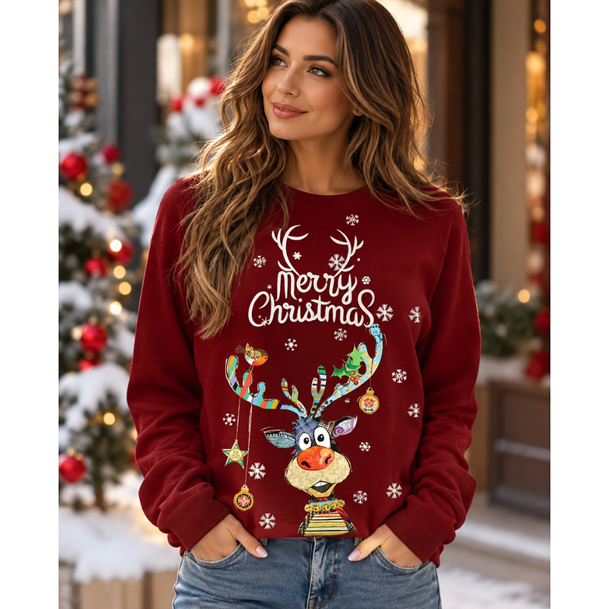 Kersttrui Dames – Sweater met Vrolijk Rendier en Feestelijke Print (5)