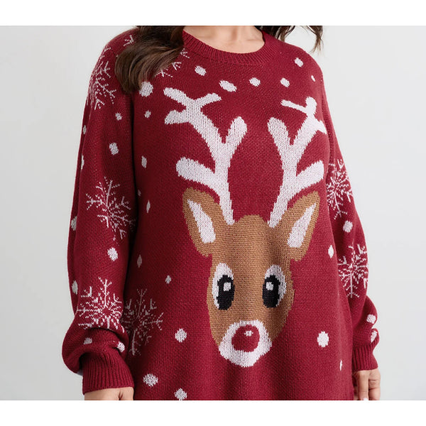 Pull de Noël grandes tailles - Pull en maille pour femme avec renne et flocons de neige