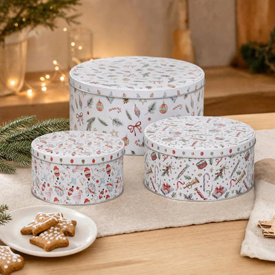 Koektrommel Kerst – Set van 3 Ronde Metalen Koekjestrommels (2)