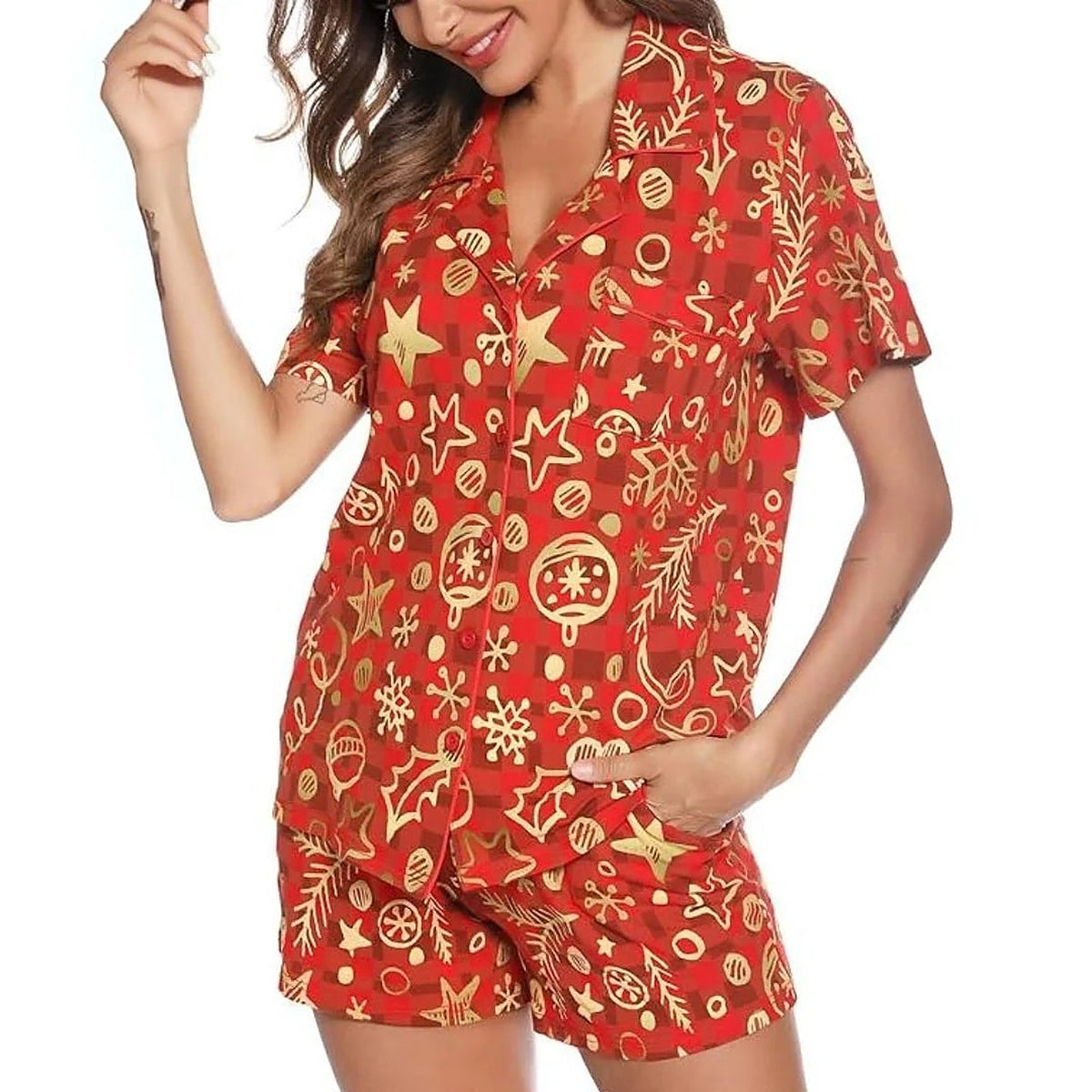 Korte Pyjama Dames - Rode Kerstset met Blouse en Short