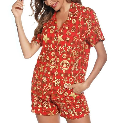 Korte Pyjama Dames - Rode Kerstset met Blouse en Short
