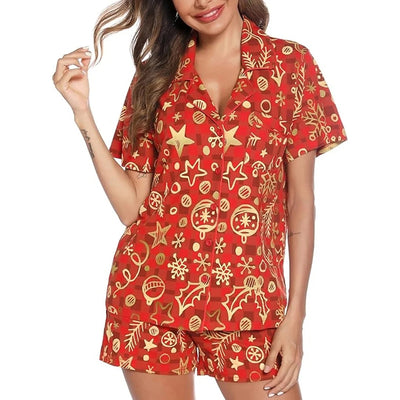 Korte Pyjama Dames – Rode Kerstset met Blouse en Short (2)
