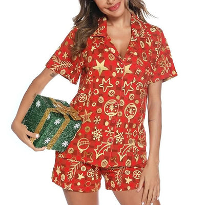 Korte Pyjama Dames – Rode Kerstset met Blouse en Short (3)
