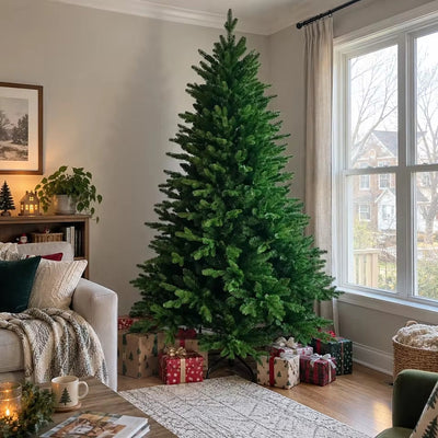 Kunstkerstboom in de woonkamer met cadeaus