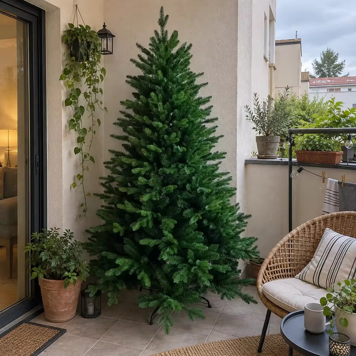 Kunstkerstboom op een balkon