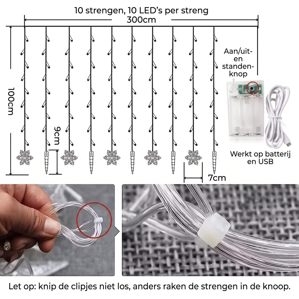 Lichtgordijn – 100 LED Sneeuwvlokken en IJspegels op USB of Batterij (3)