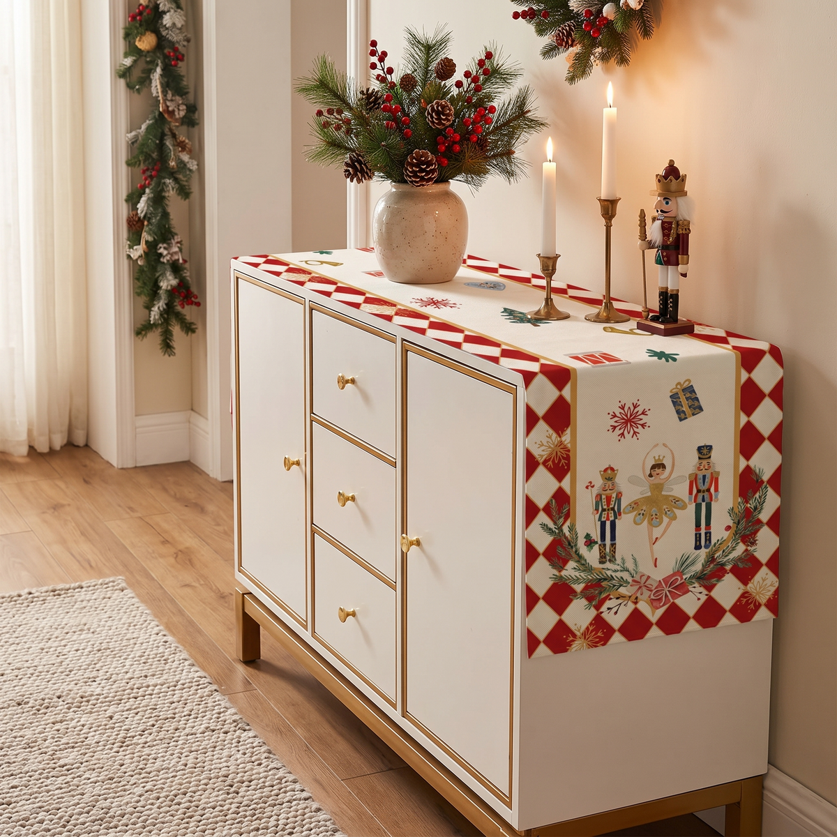 Notenkraker Tafelloper – Linnen Kerstloper met Harlekijnrand (3)