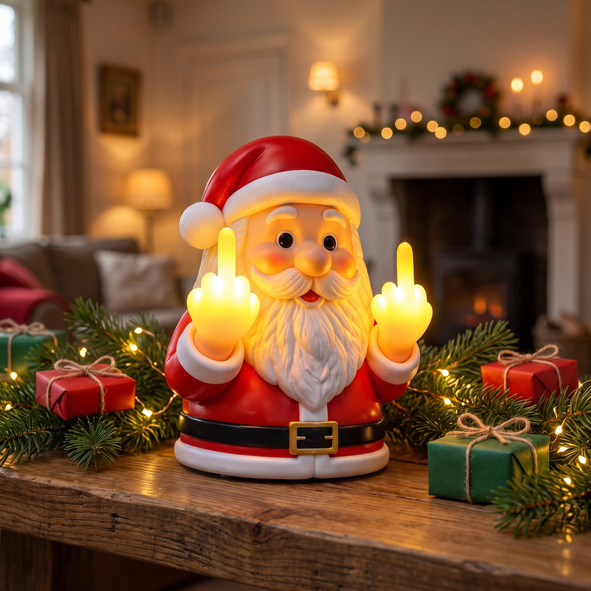 Ondeugende Kerstman Lamp op de schoorsteenmantel