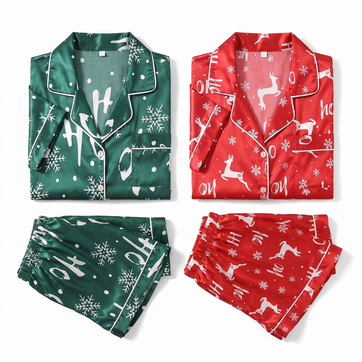 Satijnen Pyjama Dames – Korte Kerstset met Blouse en Short (3)