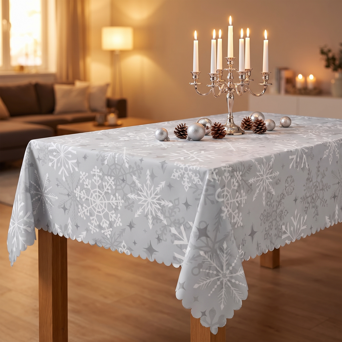 Tafelkleed Kerst – Waterafstotend Tafellaken met Zilveren Sneeuwvlokken (2)