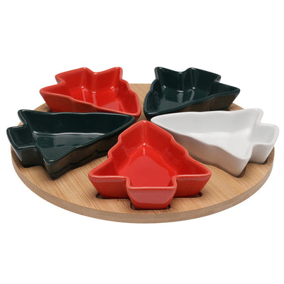 Tapasplank Kerst - Bamboe Serveerplank met 5 Kerstboom Bordjes