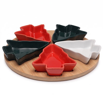 Tapasplank Kerst – Bamboe Serveerplank met 5 Kerstboom Bordjes (3)
