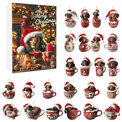 Teckel adventskalender met kerstmuts en 24 hangers