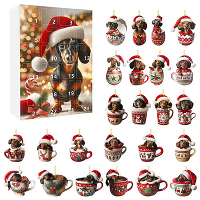 Teckel adventskalender portret met 24 hangers
