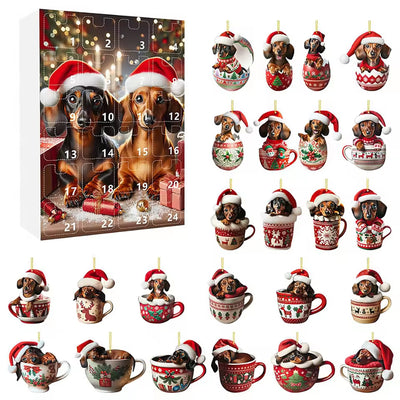Adventskalender met twee teckels en 24 hangers