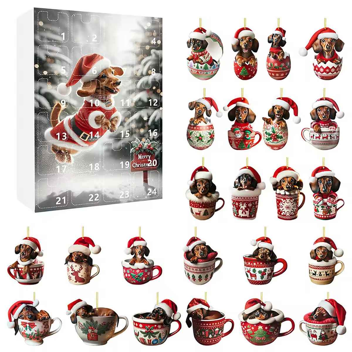 Teckel adventskalender in de sneeuw met 24 hangers