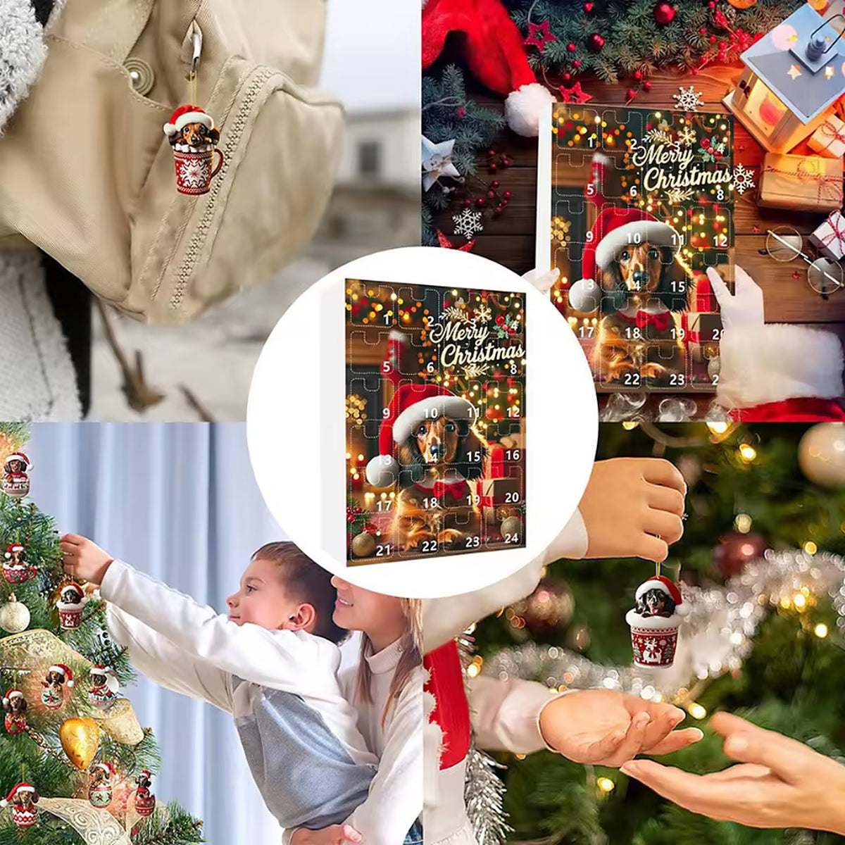 Kind hangt teckelhanger in de kerstboom