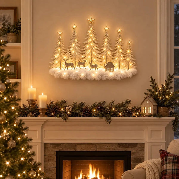 Verlichte Winterbos Wanddecoratie - 3D Kerstlandschap met Herten en Warm LED Licht