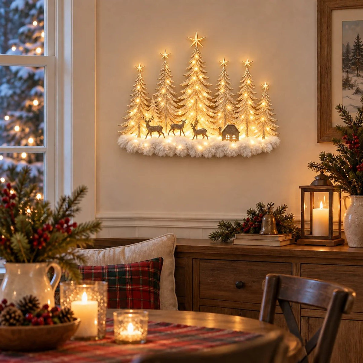 Sfeervolle verlichte kerstdecoratie in de eetkamer